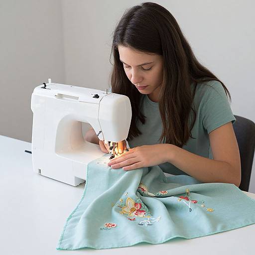 Woman Sewing Floral Teal Fabric