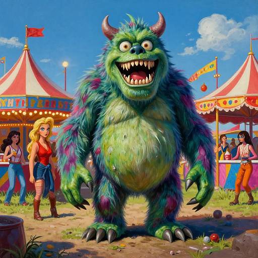 Vibrant digital illustration of a green, hairy, horned monster with sharp teeth, standing at a colorful carnival with people, tents, and flags