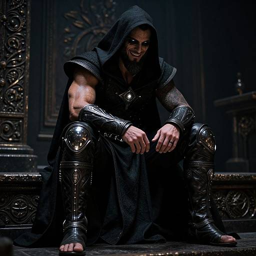 Photograph of a muscular, hooded man in black, armored, medieval attire with glowing eyes, sitting on an ornate, dark throne, bare