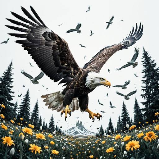 Soaring Bald Eagle Over Surreal Floral Landscape