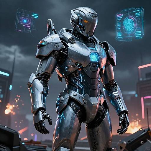 CGI sci-fi image of a silver, futuristic, humanoid robot with glowing blue accents, standing in a neon-lit, war-torn cityscape