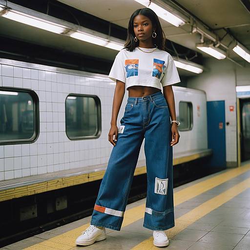 Young Woman in Y2K Style Outfit on Subway Platform