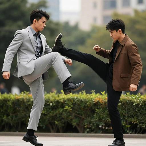 Two Men Practicing Martial Arts in Park