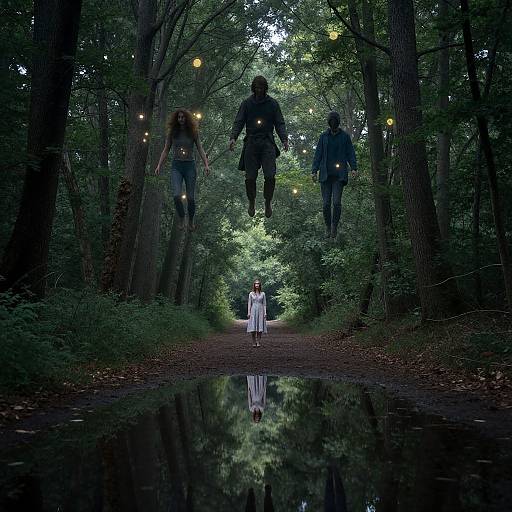 Photograph: Enchanted forest scene with four people, two men and two women, mid-air, glowing lights, child in white dress on path