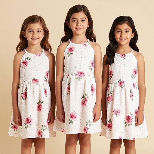 Photograph of three young girls, standing side by side, wearing sleeveless white dresses with pink floral patterns, smiling against a beige background.