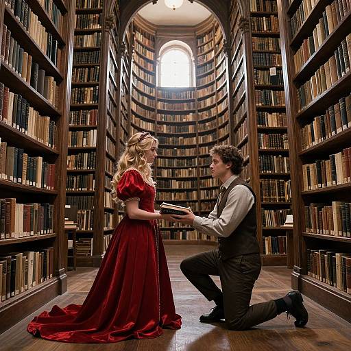Photograph of a romantic scene in a grand library: a blonde woman in a red velvet dress kneels before a dark-haired man in a white shirt