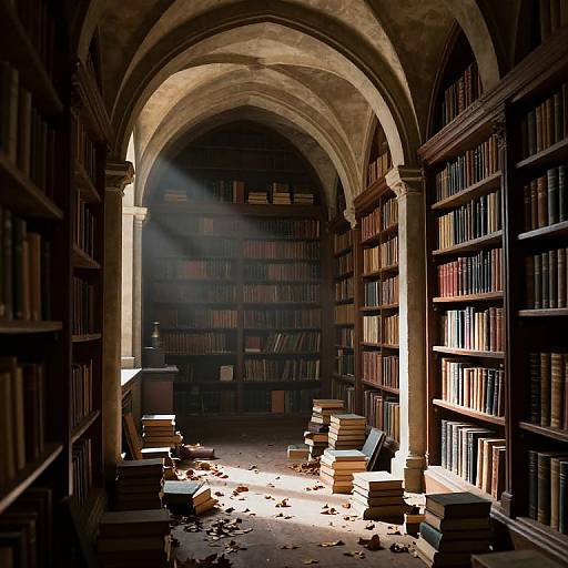Photograph of a dimly lit, sunlit library with arches, overflowing bookshelves, scattered books, and sunlight streaming through, creating dramatic