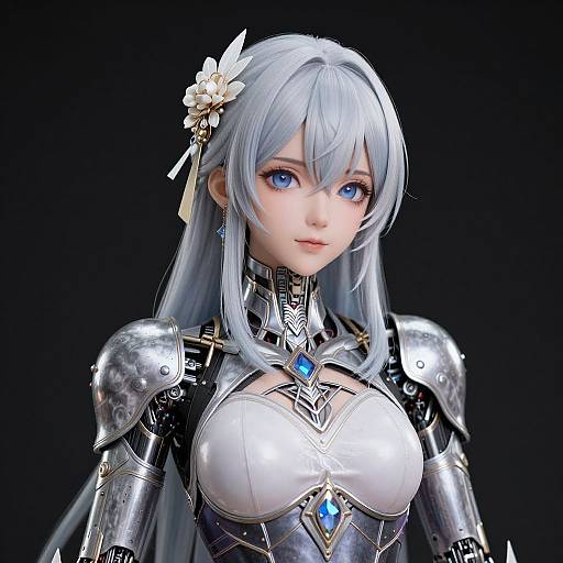 Digital art of a blue-eyed, silver-haired anime woman in detailed, shiny silver and black armor with blue gem accents, white flower hairpin, and