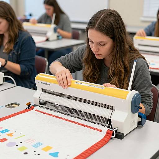 Photograph of a young woman with long brown hair, wearing a gray sweater, using a vintage orange and white typewriter in a classroom setting.