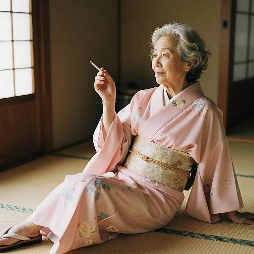 Elderly Asian Woman in Tea House