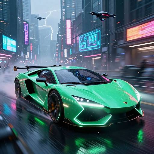 Neon-lit cyberpunk city night scene: glowing green supercar speeding on wet streets, surrounded by bright, colorful neon signs and a flying drone