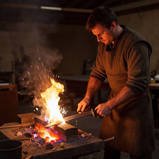 Photograph of a bearded man in a brown apron, hammering metal over a fiery forge, surrounded by sparks and dimly lit workshop.