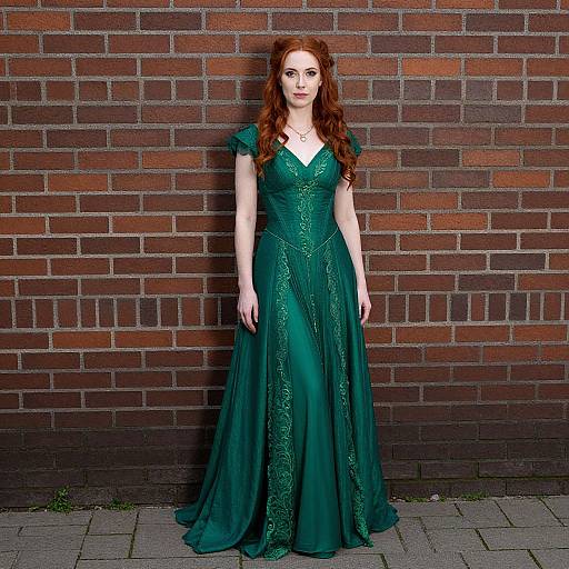 Photograph of a pale-skinned, red-haired woman with wavy hair, wearing a green, Victorian-style gown, standing against a brick wall.