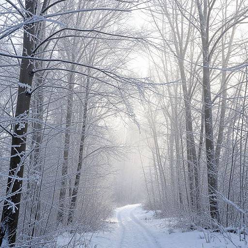 Photograph of a snow-covered forest path flanked by leafless, frost-covered trees, with a bright, overcast sky creating a serene, winter