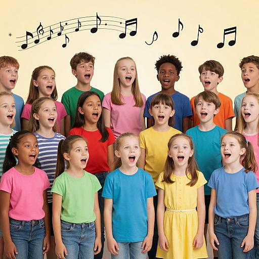 Photograph of diverse, cheerful children singing, mouths open, wearing colorful clothes, musical notes above, white background, front row standing, back row standing