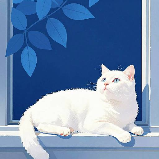 Minimalist White Cat by Blue Window