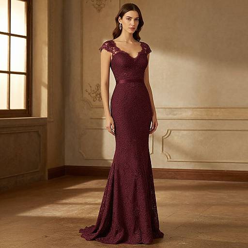 Photograph of a brunette woman in a deep purple, lace, V-neck evening gown with cap sleeves, standing in a sunlit, vintage-style room