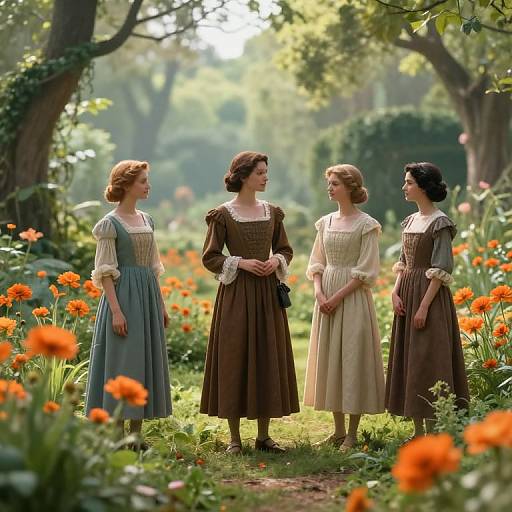 Photograph-like digital art of four Victorian-style women in brown and blue dresses, standing in a sunlit, flower-filled garden, smiling, surrounded by