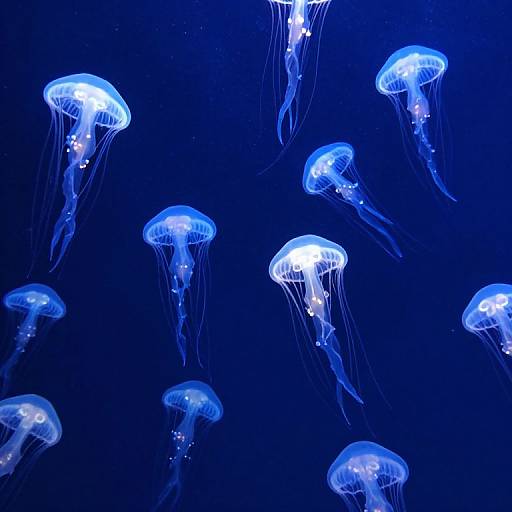 Photograph of glowing blue jellyfish with translucent bodies and flowing tentacles, floating against a dark blue underwater background.