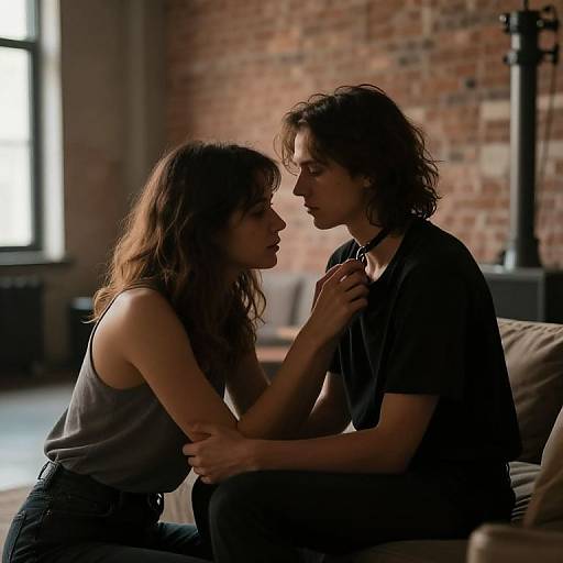 Photograph of a romantic moment between a brunette woman in a sleeveless top and a brown-haired man in a black shirt, sitting close on a couch