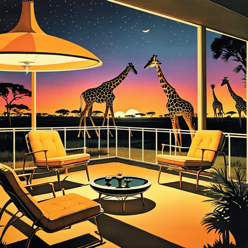 Vintage Giraffes in 1960s Savanna Scene