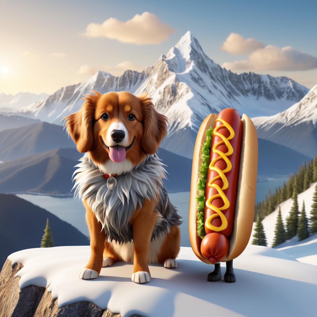 3D Hot Dog Character in Mountain Scene