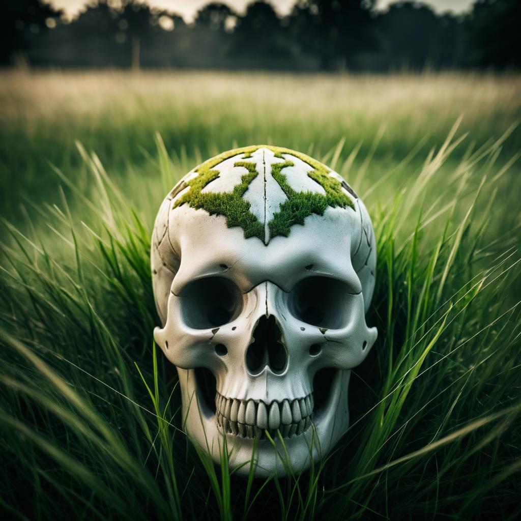 Ancient Skull in Atmospheric Meadow