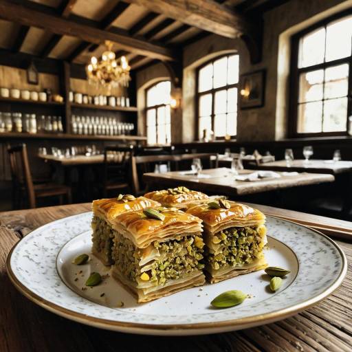 Pistachio Baklava in Rustic Tavern