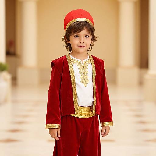 Photograph of a young boy with curly brown hair, wearing a red velvet outfit with gold trim, white shirt, and red cap, standing in a