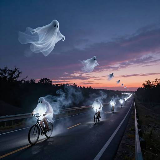 Photograph of a dark highway at sunset, featuring ghostly, translucent figures on bicycles emitting white light and smoke, with a purple and orange sky in