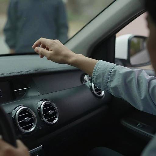 Photograph of a person with a light blue denim sleeve adjusting the car's air vent while driving, with a blurred background.