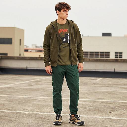 Photograph of a young man with messy brown hair, wearing an olive green jacket, dark green t-shirt, and pants, standing on a rooftop parking