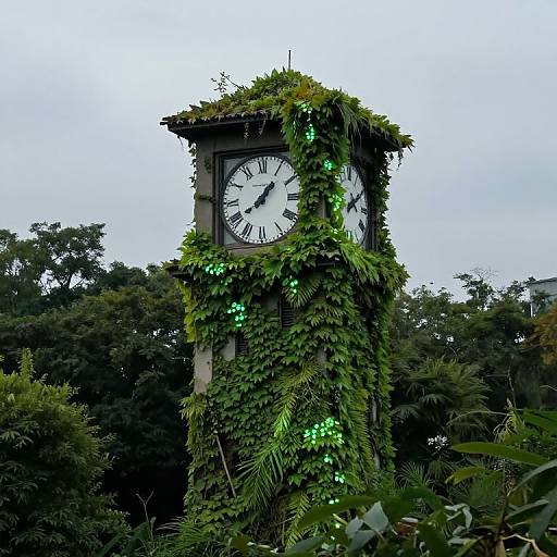 Photograph of a tall, vintage clock tower covered in lush green ivy, with glowing green lights, set against a cloudy sky and dense forest background