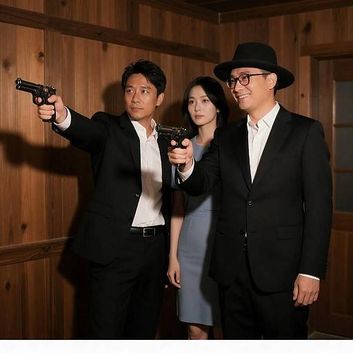 Mysterious Trio in Dimly Lit Room