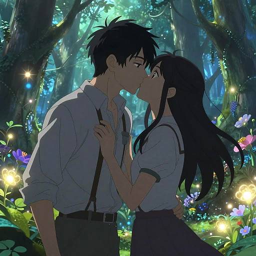 Anime Men Kissing in Magical Forest
