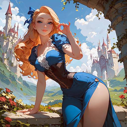Digital artwork of a blonde, blue-eyed woman in a blue, lace-trimmed dress, leaning on a stone arch with a fairy-tale castle
