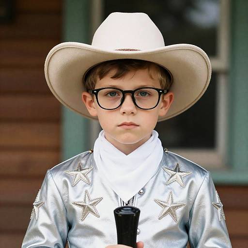 Boy in Silver Cowboy Outfit and Glasses