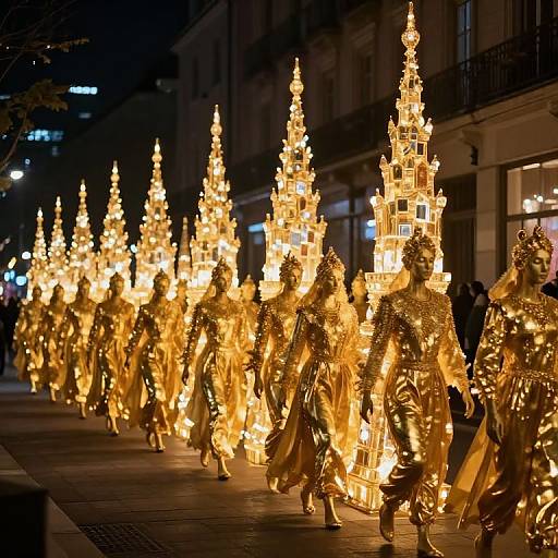 Nighttime photograph of a parade featuring illuminated, golden, ornate statues with intricate spires, wearing detailed, regal costumes, walking along a city