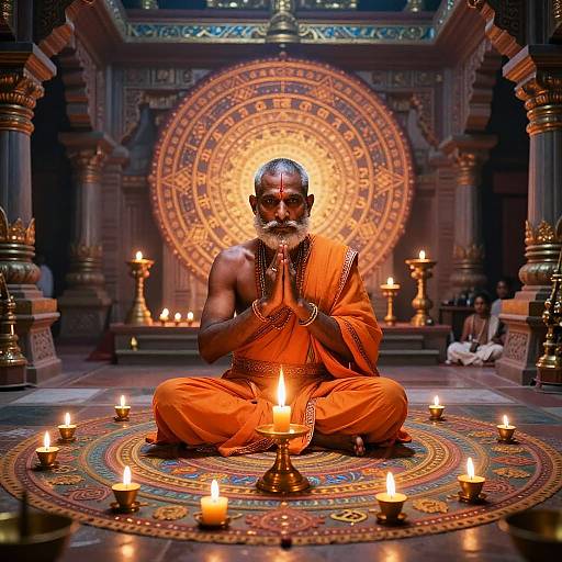 Photograph of an elderly Indian man with a bald head and beard, wearing an orange dhoti, meditating in a temple, surrounded by lit