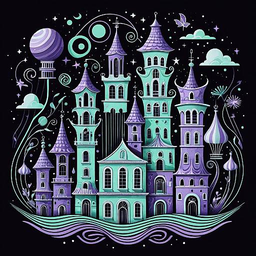 Whimsical Lavender and Mint Fantasy Buildings
