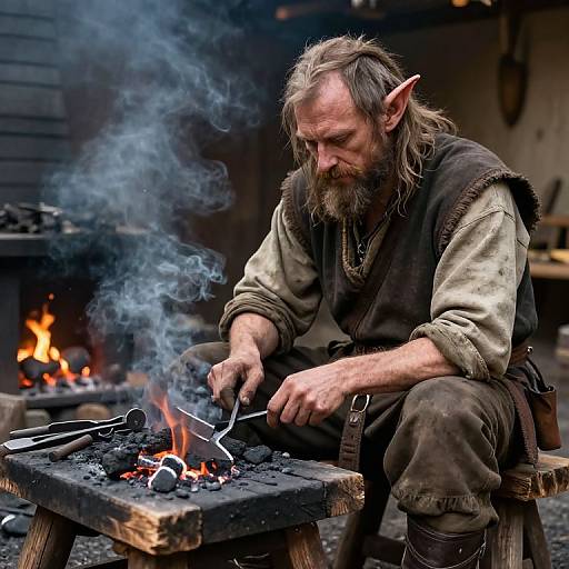 Photograph of a bearded, elf-eared man with long hair, black vest, and brown pants, blacksmithing by a smoky fire