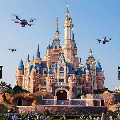 Photograph of a colorful, fairy-tale castle with blue spires and turrets, surrounded by three flying drones, under a clear blue sky.