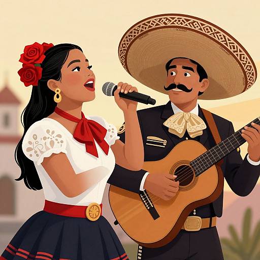 Digital illustration of a Latina woman with red rose hair accessory and white blouse, singing into a microphone, accompanied by a mustachioed man in a