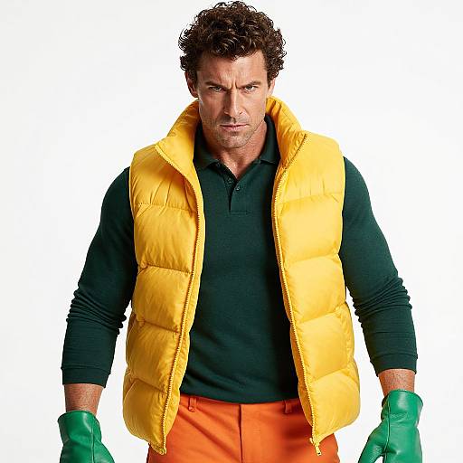Photograph of a muscular, curly-haired man with a serious expression, wearing a black polo, bright yellow puffer vest, orange pants, and green