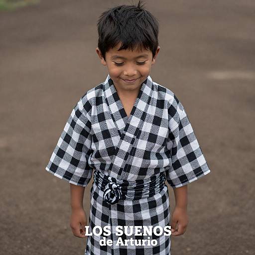 Smiling Young Boy in Checkered Kimono