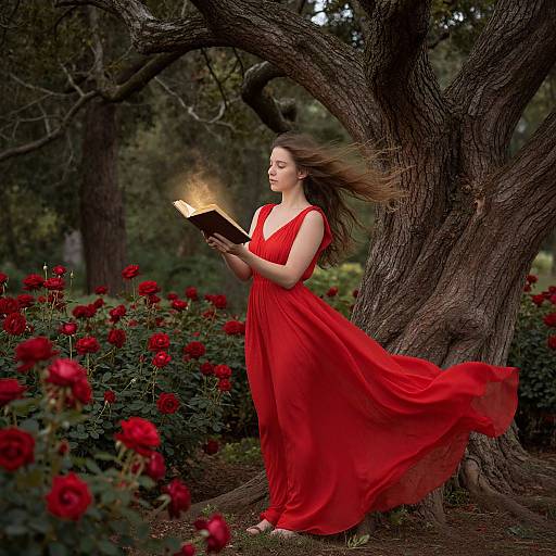 Photograph of a woman in a flowing red dress, reading a glowing book under a tree with vibrant red roses.
