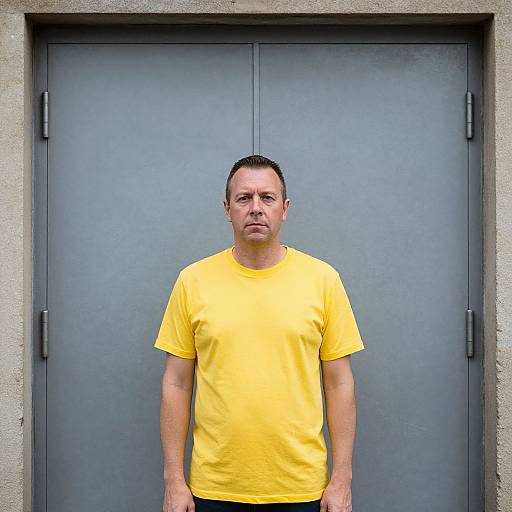 Man in Yellow Shirt by Metal Door