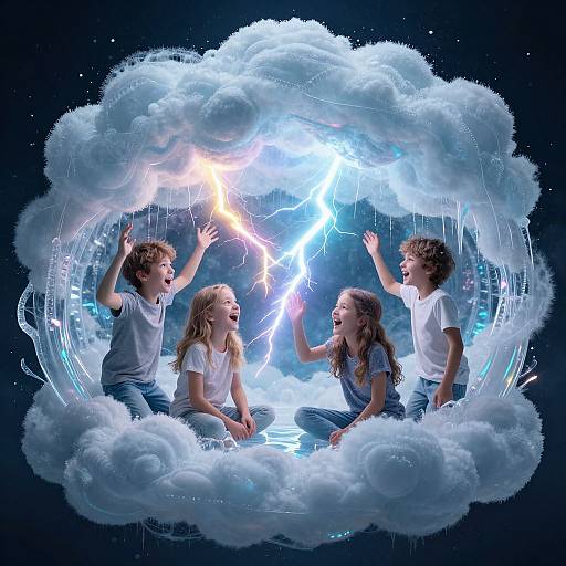 Photograph of four laughing children with light brown hair, in white shirts and blue jeans, sitting on a glowing, electrified cloud. Bright lightning bolts