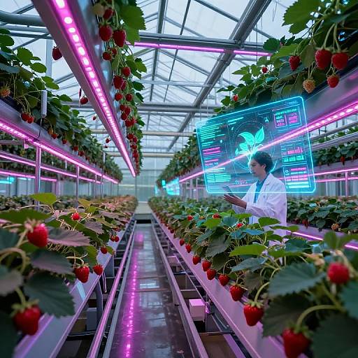 Photograph of a modern greenhouse with neon pink lights, strawberry plants, and a scientist wearing a white shirt, interacting with glowing blue holographic screens.