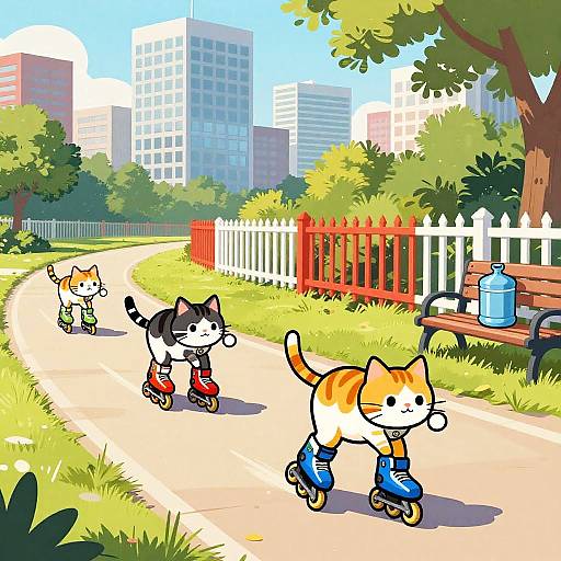 Comic Cats Rollerblading in Park